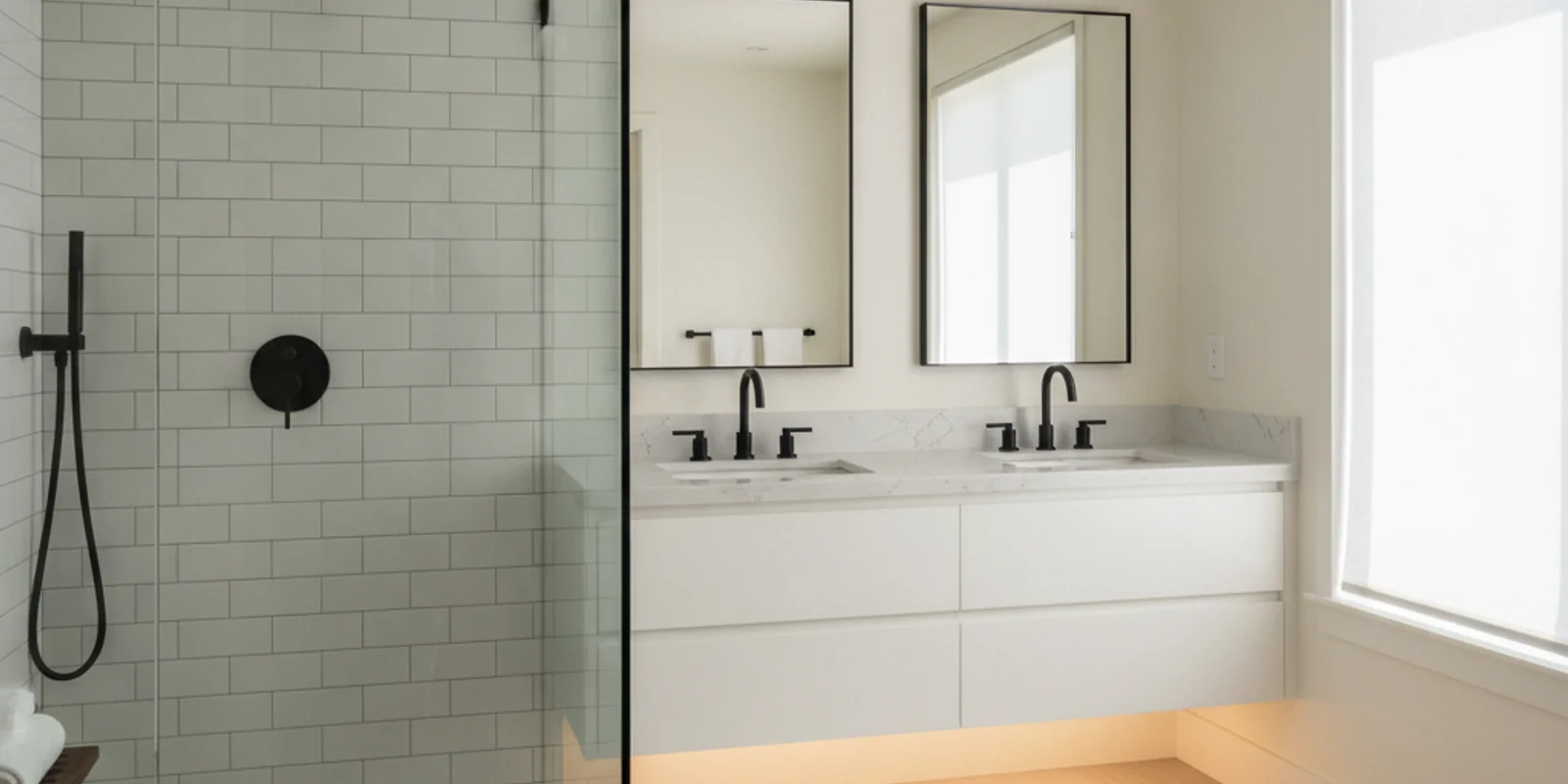 Remodeled bathroom with walk-in tile shower and new vanity in Redwood City